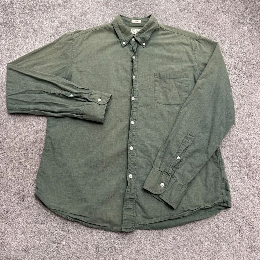 J.Crew Slim Fit Long Sleeve Button Down Shirt Large Olive Green Washed Cotton